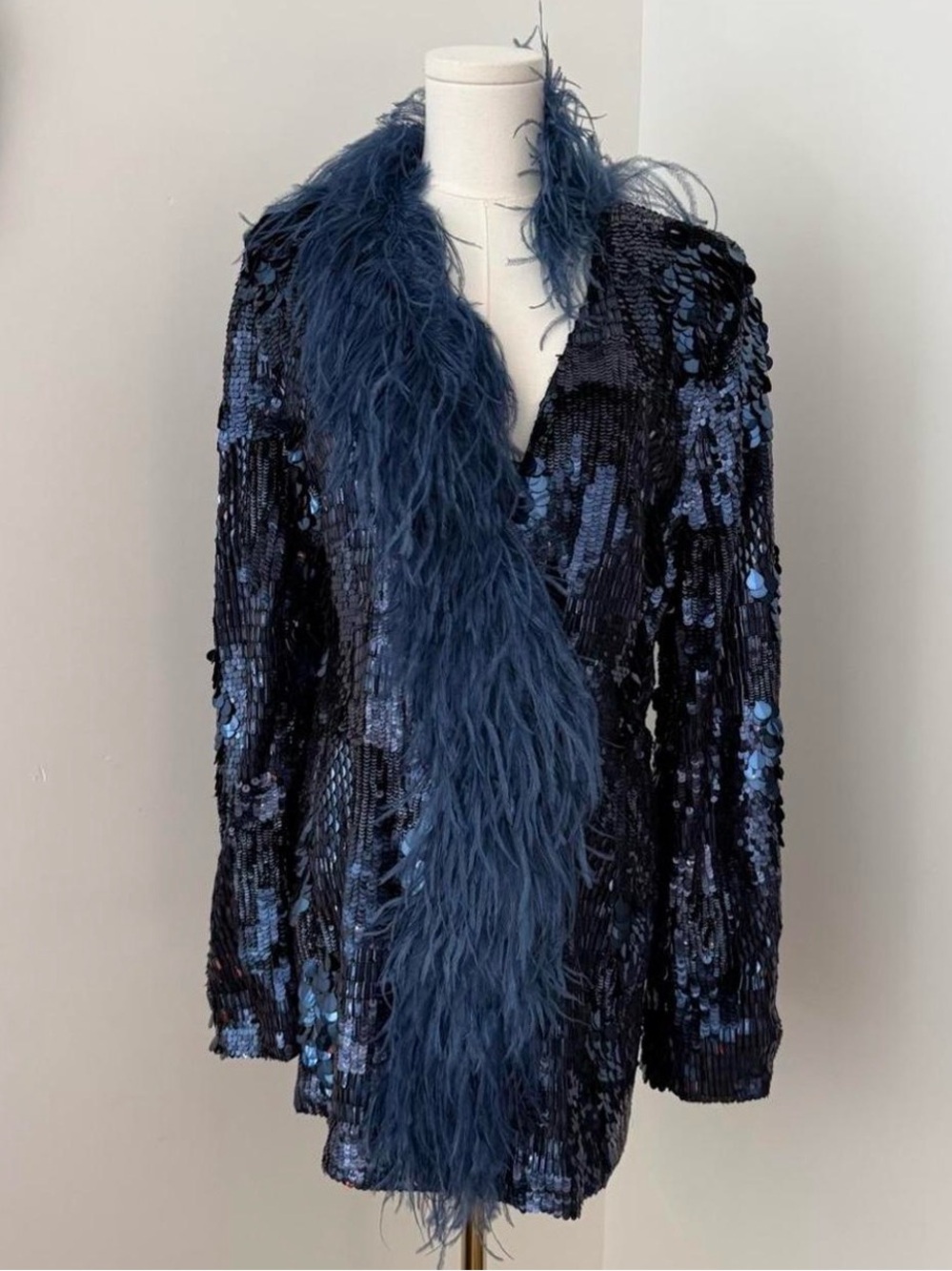 LAPOINTE Blue Sequin & Feather Trim Coat
